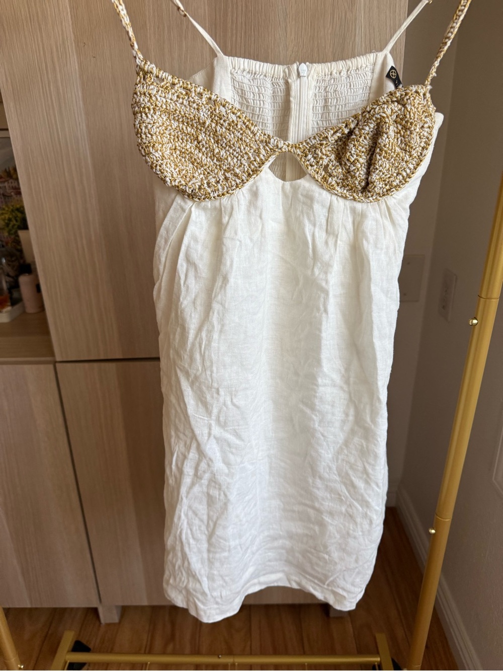 White Mini Dress with Gold Crochet Bust